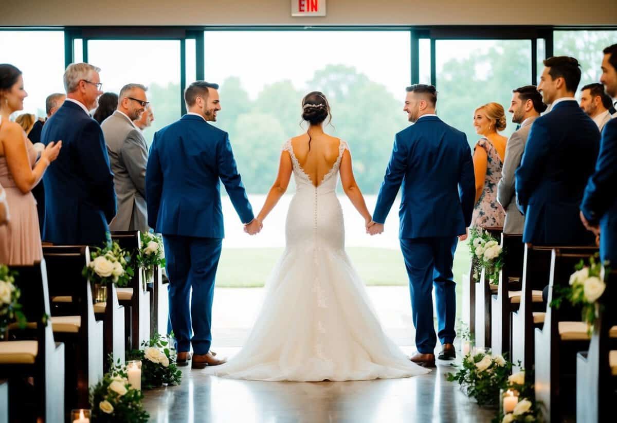 A bride and groom stand at the entrance of the ceremony space, facing each other with smiles, ready to walk down the aisle together