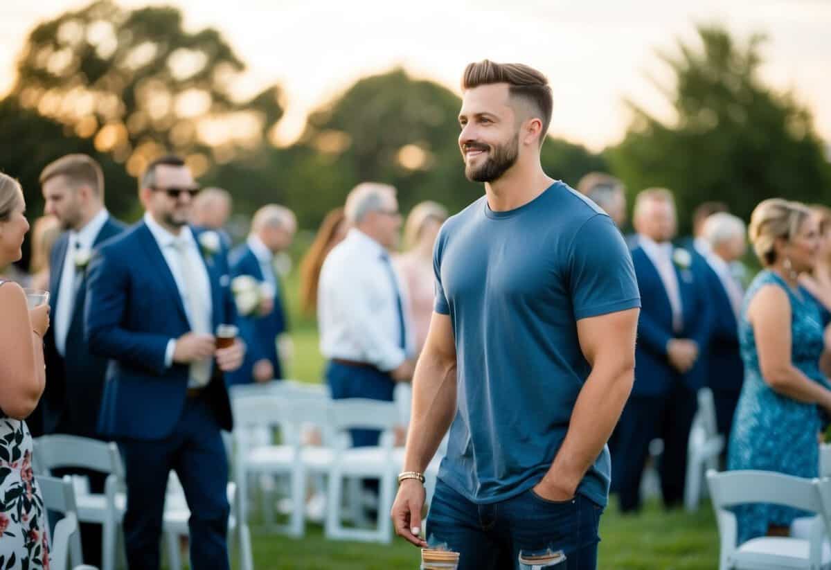 A wedding guest wearing a casual t-shirt and ripped jeans