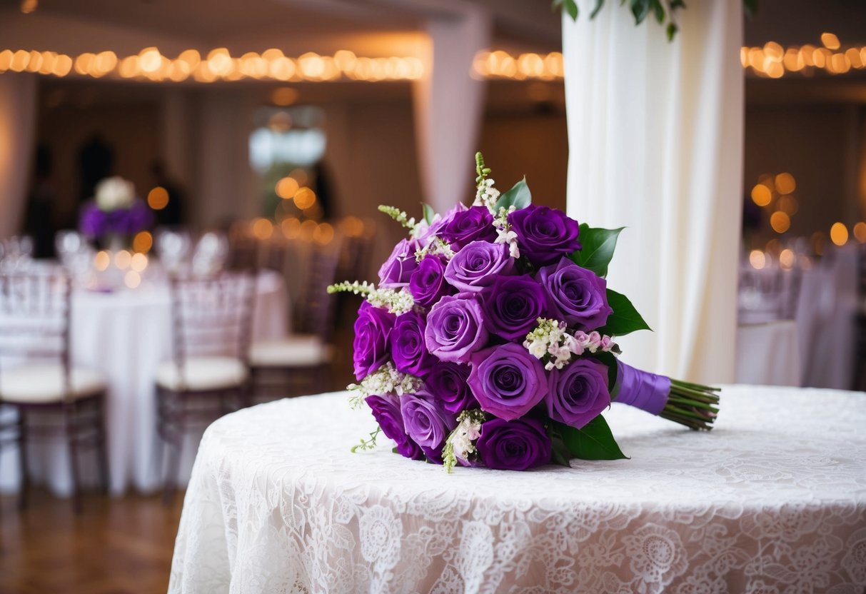 A purple bouquet of flowers on a white lace tablecloth at a wedding reception