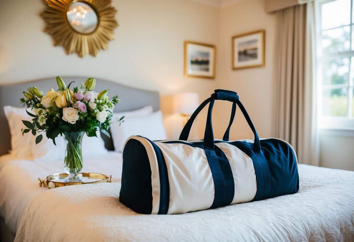 The bride's overnight bag sits on a cozy bed in a sunlit room, surrounded by elegant decor and a vase of fresh flowers