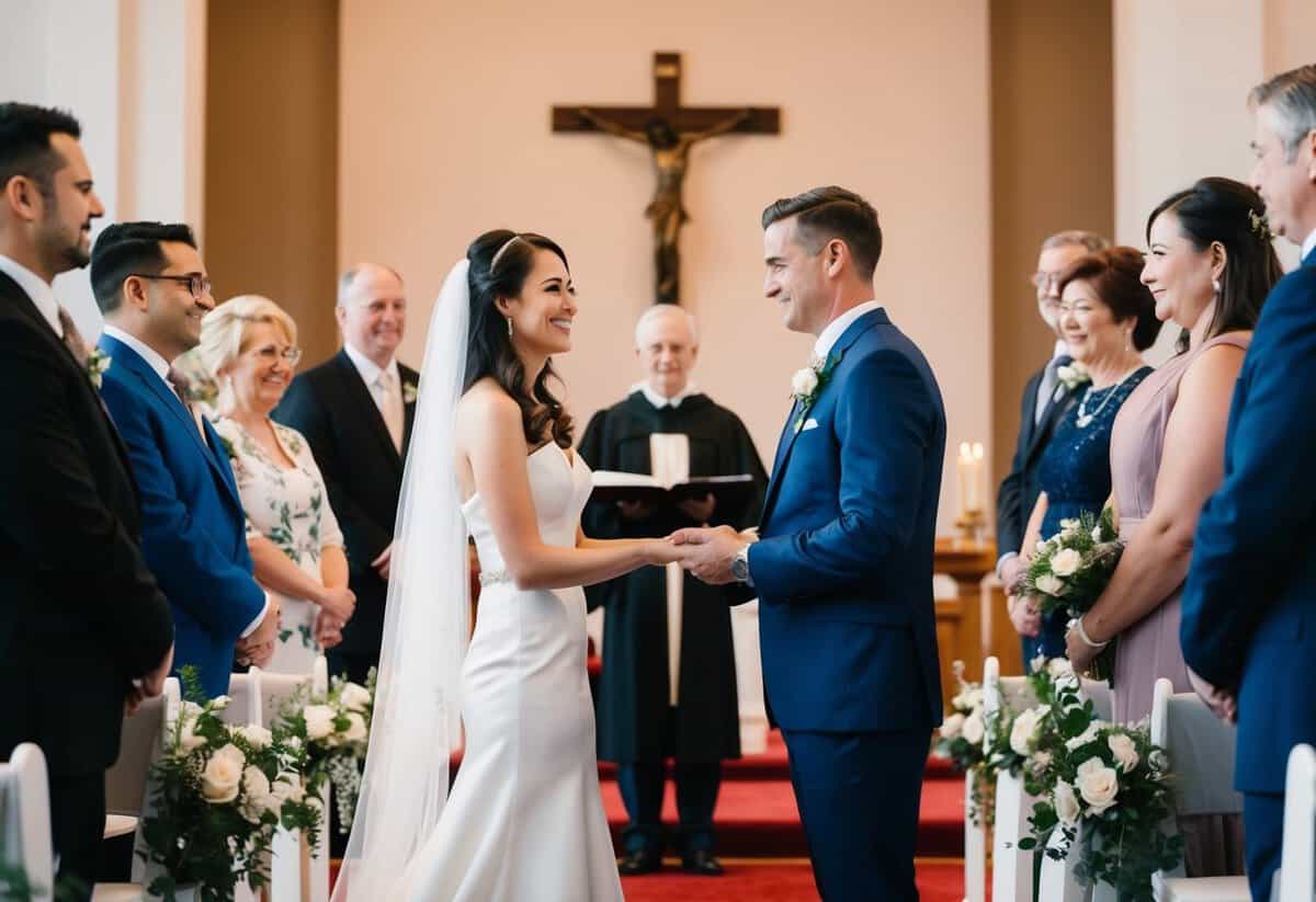 A couple stands at the altar, exchanging vows as guests look on