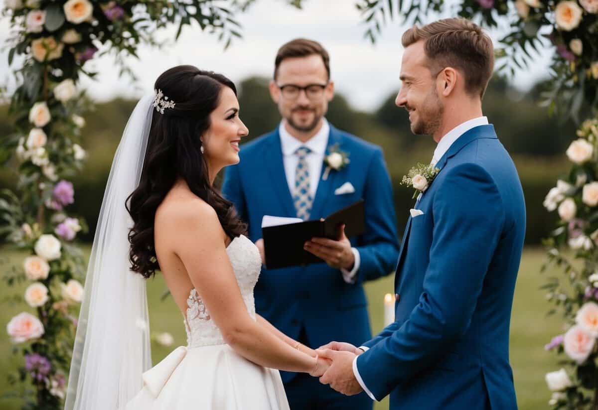 A bride and groom stand facing each other, surrounded by flowers and candles. A celebrant holds a symbolic object as they exchange vows