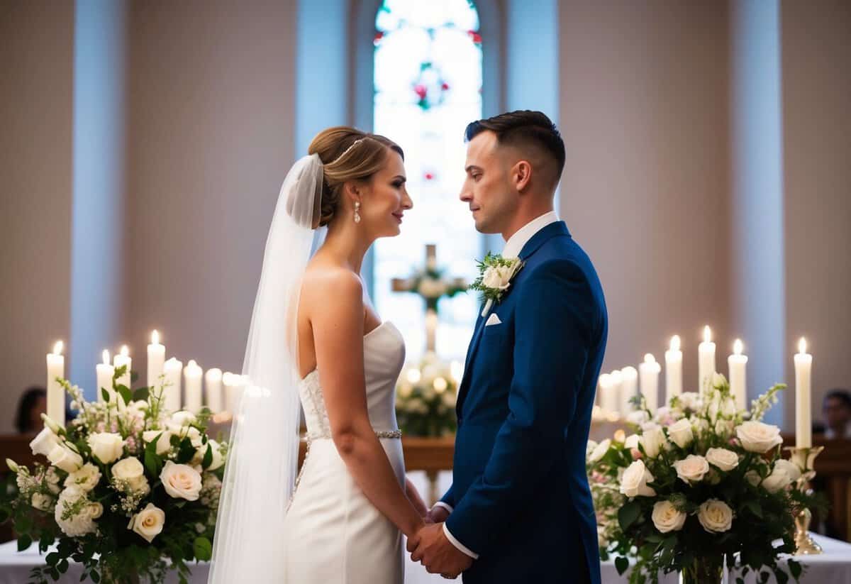 A bride and groom stand facing each other at the altar, surrounded by flowers and candles. Their eyes are locked in a moment of solemnity and commitment
