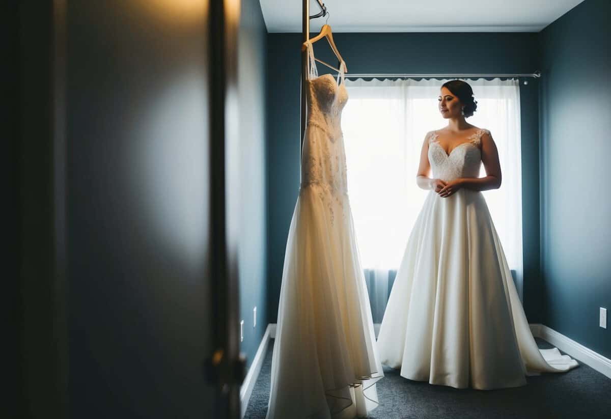 A bride standing alone in a dimly lit room, gazing at her wedding dress hanging on a rack, with a pensive expression on her face