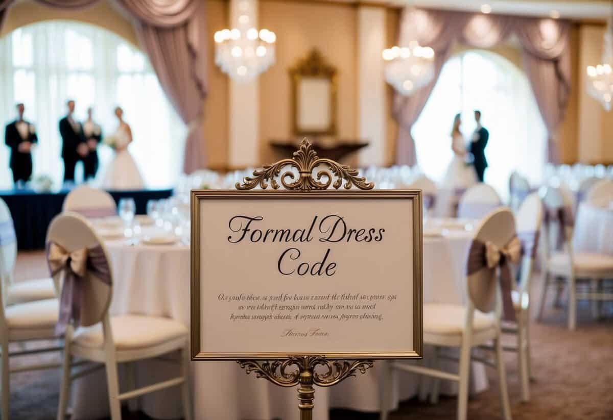 A fancy wedding venue with a sign indicating formal dress code