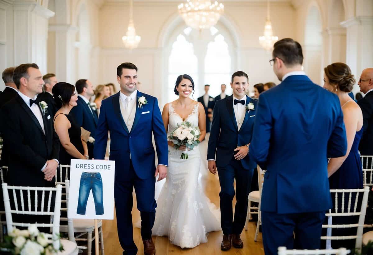 A formal wedding scene with guests dressed in elegant attire, including suits and dresses, while a sign with a crossed-out pair of jeans indicates the dress code