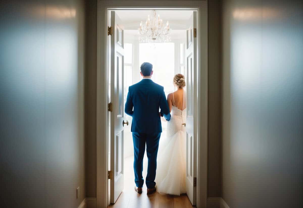 A groom stands outside a closed door, unable to see the bride on the other side. A sense of anticipation and longing fills the air