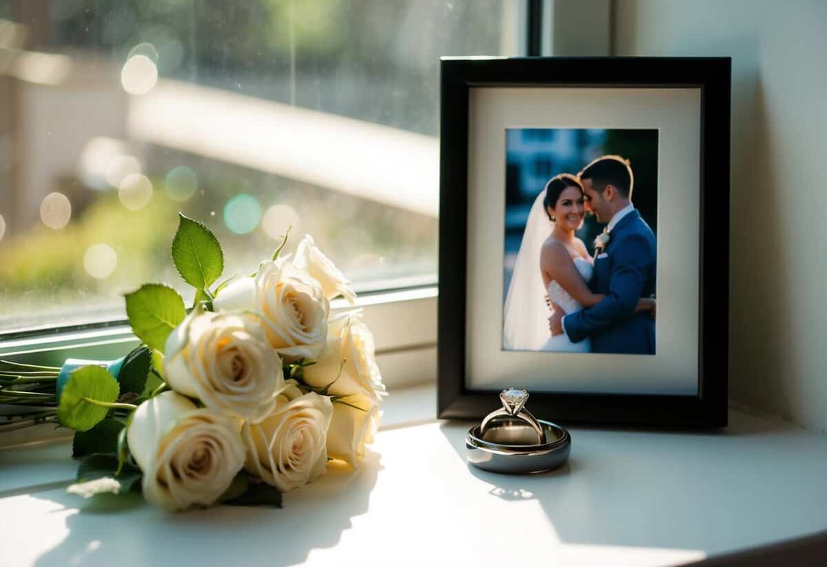 A wedding ring placed on a sunlit windowsill, surrounded by a bouquet of roses and a framed photo of a couple