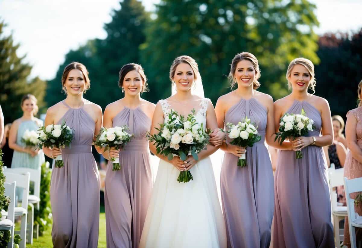 Bridesmaids walk ahead of the bride, holding bouquets, as they make their way down the aisle during the wedding ceremony