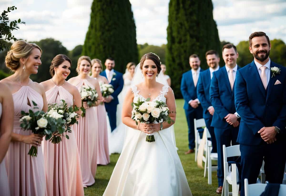 Bridesmaids lead bride down aisle, followed by groom and groomsmen