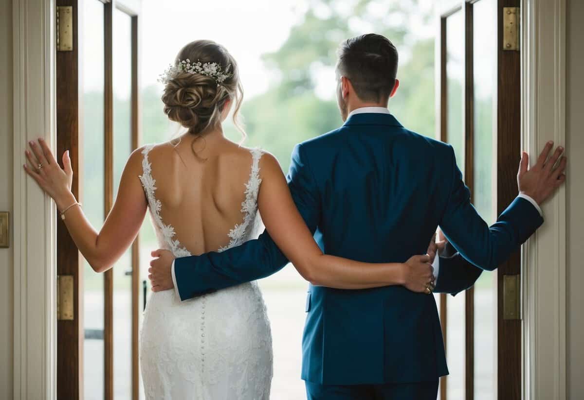 A bride and groom standing back to back, holding hands around a door frame, eagerly anticipating their first look on their wedding day