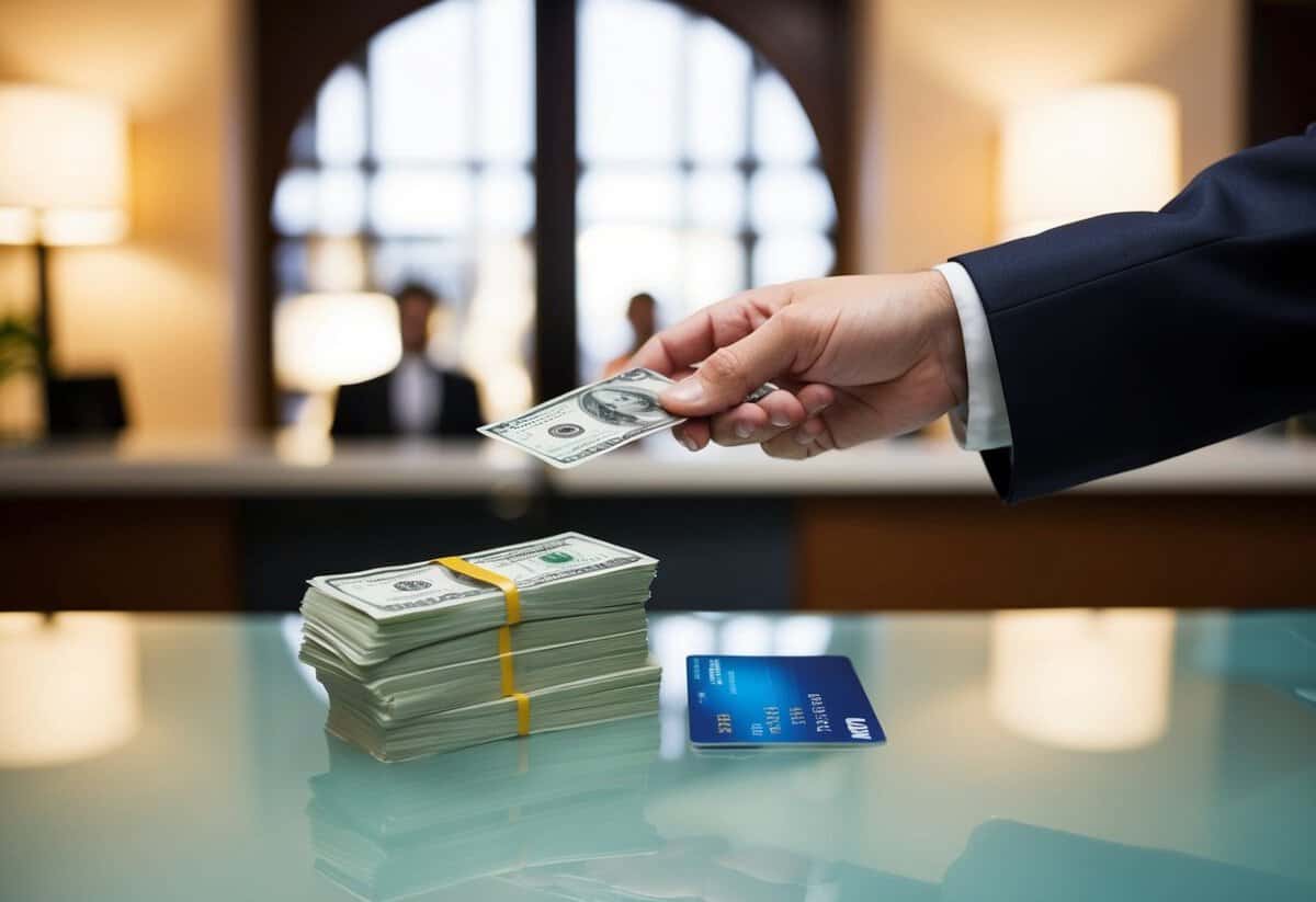 A stack of cash and a credit card being handed over to a hotel receptionist