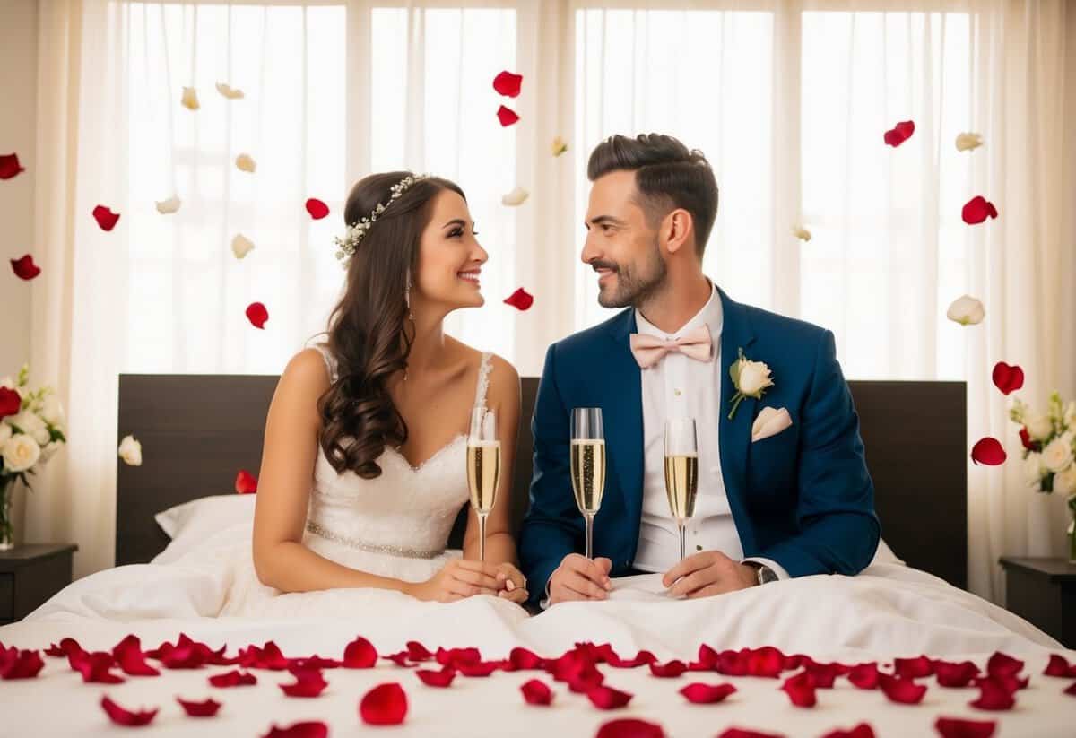 A couple sits on a bed surrounded by scattered rose petals and champagne glasses, gazing at each other with love and anticipation