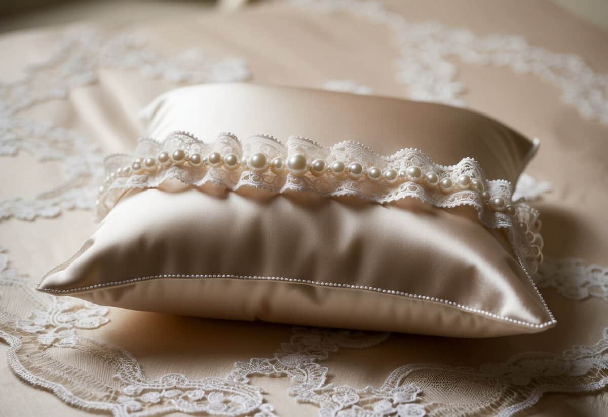 A lace garter lies delicately on a satin pillow, adorned with delicate pearls and lace trimmings, waiting to be worn by the bride