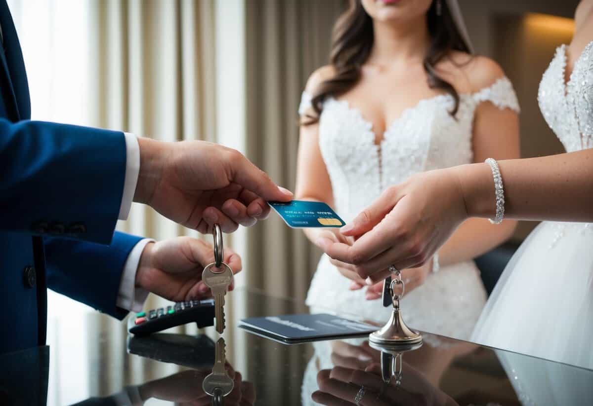 A bride and groom's hands place a credit card on the hotel reception desk, while a hotel staff member prepares the room key