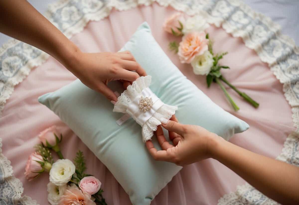 A garter being delicately placed on a soft, pastel pillow, surrounded by delicate lace and floral accents