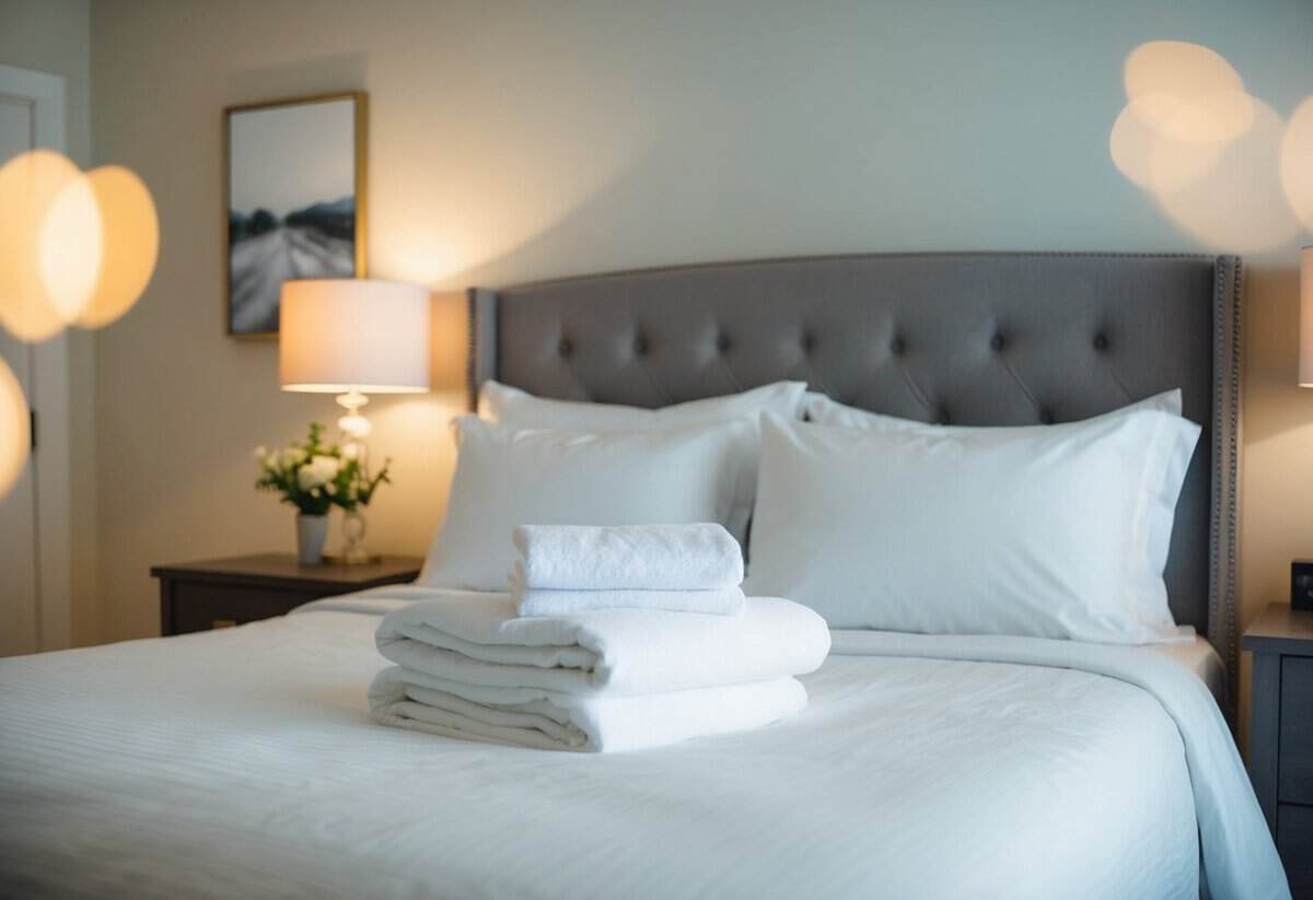 A cozy bedroom with a freshly made bed, soft lighting, and a sense of anticipation in the air