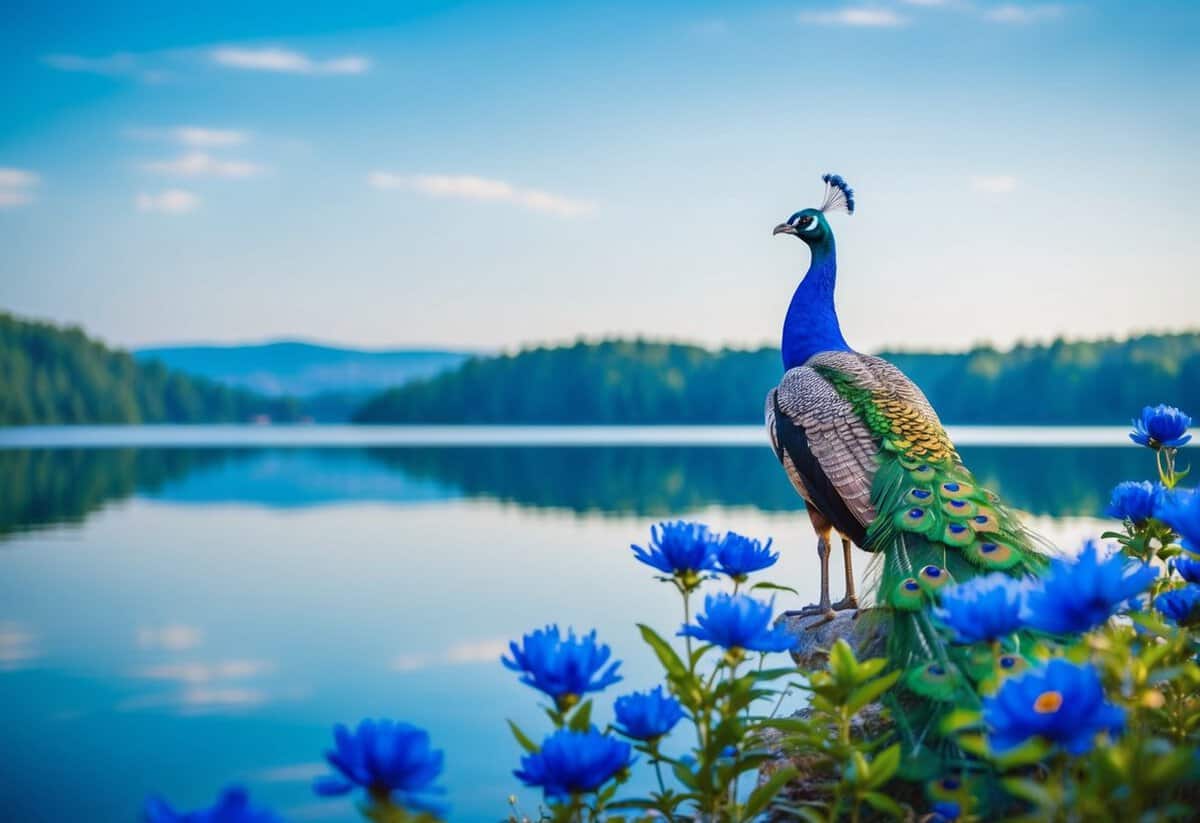 A serene blue lake reflecting a clear sky, surrounded by vibrant blue flowers and a majestic blue peacock displaying its feathers