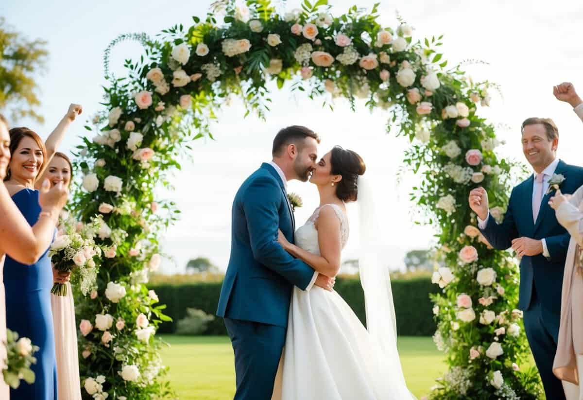 A newlywed couple standing under a floral arch, leaning in for a tender kiss, surrounded by cheering guests
