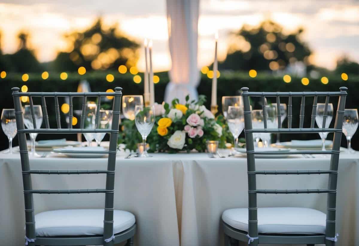 A table set for a celebratory dinner with two empty chairs facing each other, adorned with flowers and candles