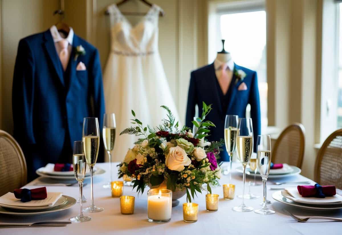 A festive table set with flowers, candles, and champagne glasses. A wedding dress and suit hang in the background