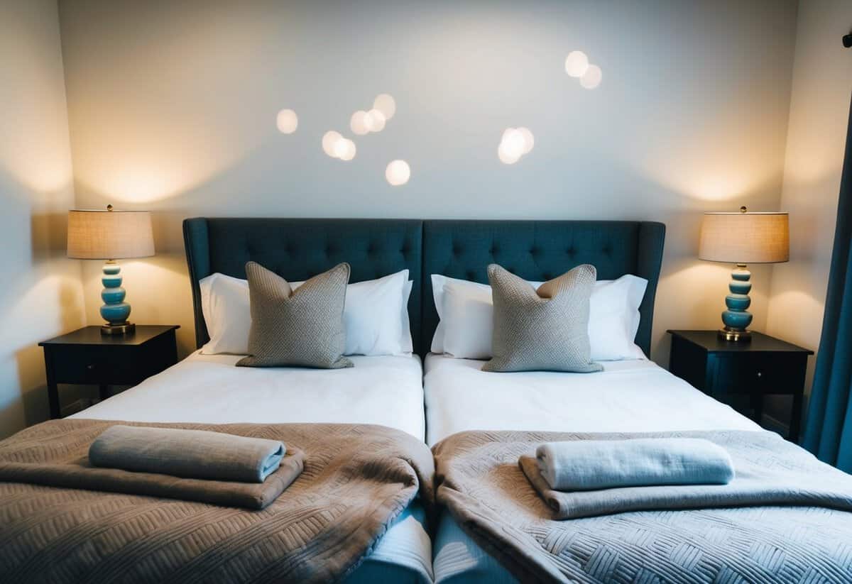 A cozy bedroom with a large bed, two pillows, and a warm blanket, with two nightstands on either side