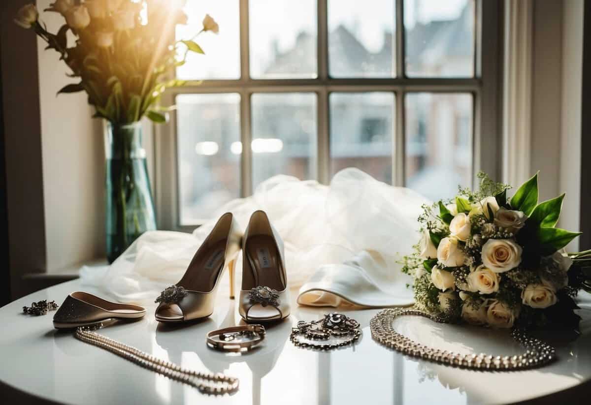 A cluttered table with a wedding dress, shoes, and jewelry. A bouquet of flowers sits nearby. Sunlight streams through the window