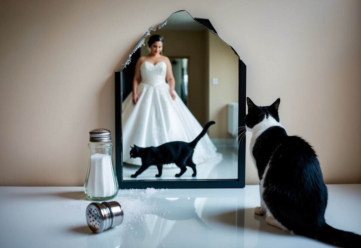 A bride's reflection in a broken mirror, with a black cat crossing her path, and a spilled salt shaker