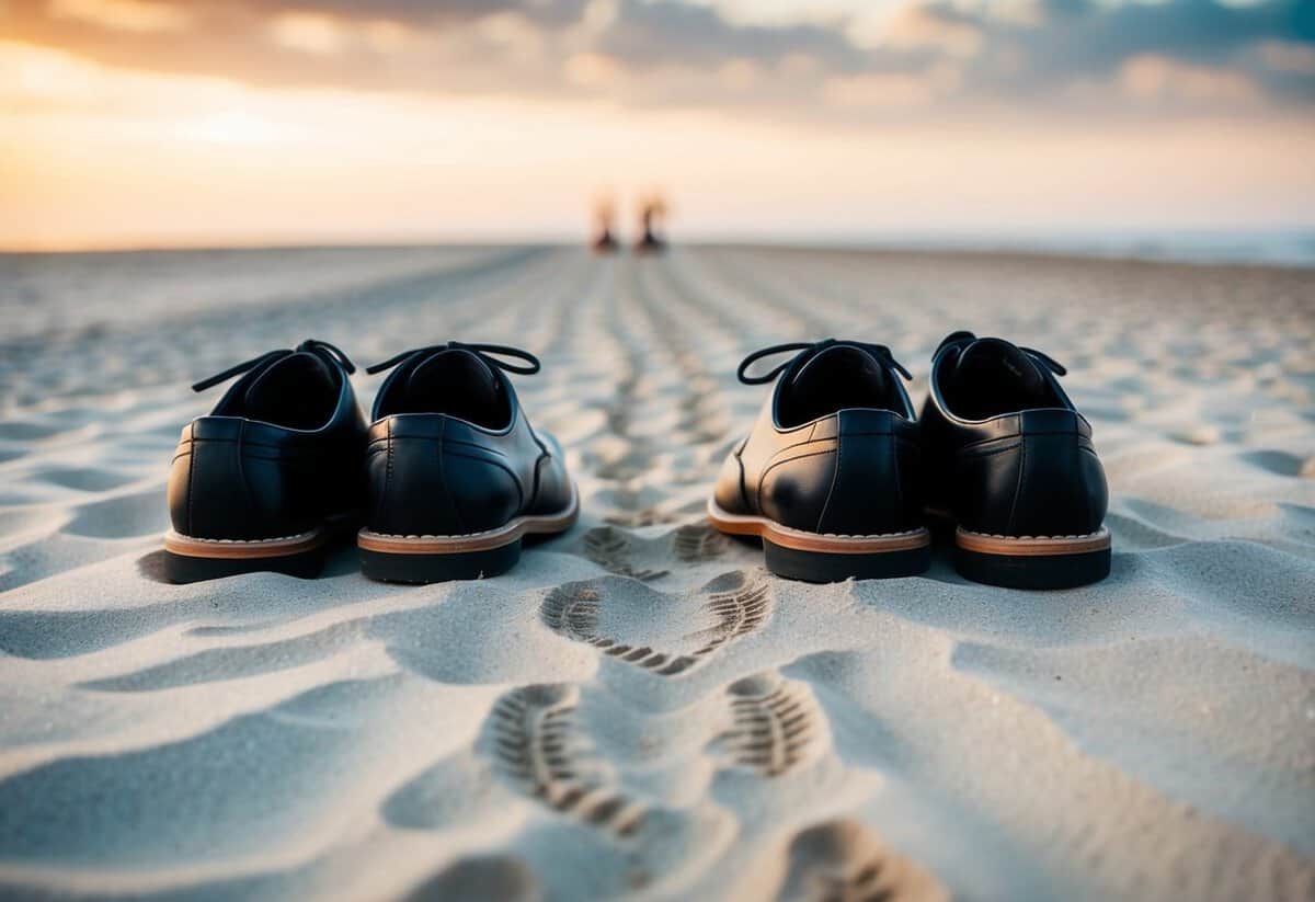 A couple's shoes side by side on a sandy beach, with a trail of footprints leading towards the horizon