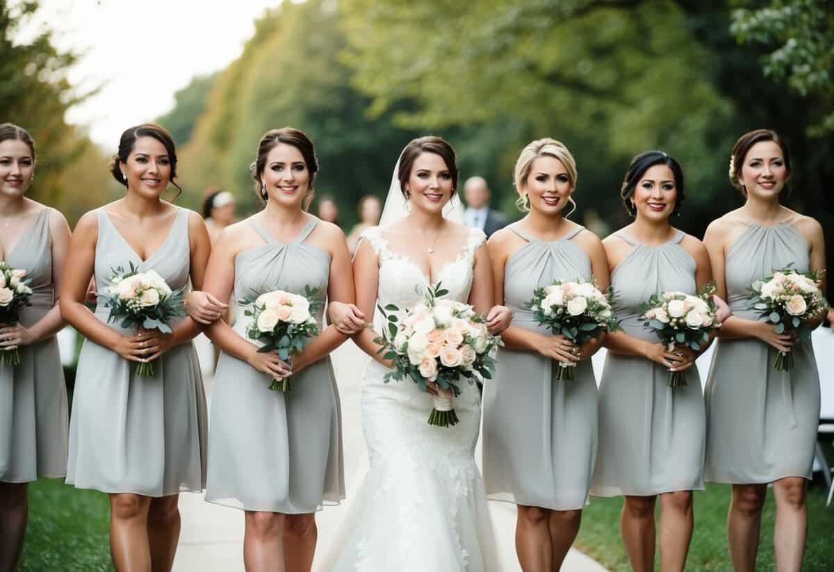 Bridesmaids walk down the aisle in a graceful line, each holding a bouquet and wearing matching dresses