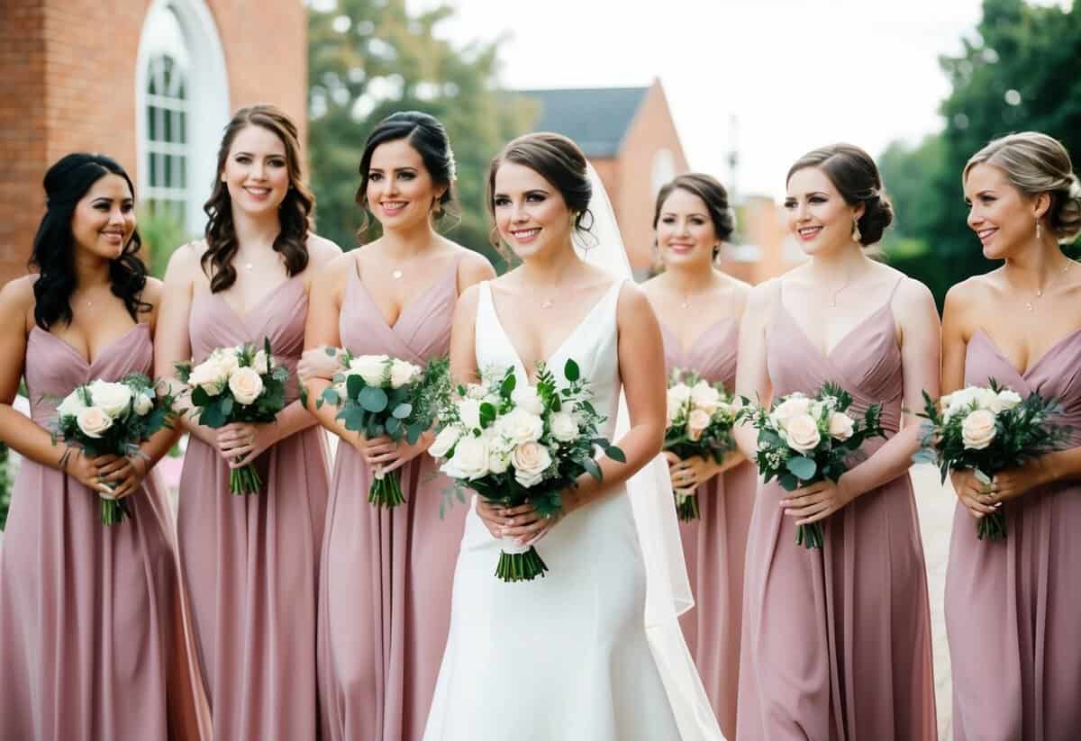 Bridesmaids walking down the aisle in a line, holding bouquets