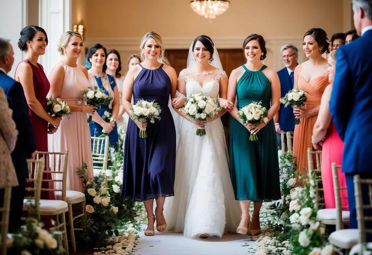 Bridesmaids in various dresses walk down the flower-adorned aisle, carrying bouquets, as guests watch from their seats
