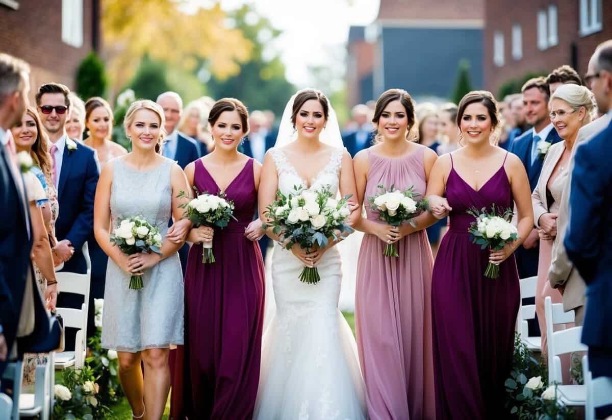 Bridesmaids walk down the aisle in pairs, arm in arm