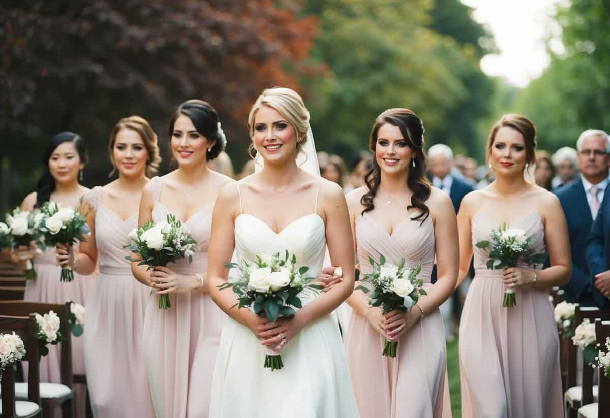 Bridesmaids walk down the aisle, each carrying a single flower, with soft music playing in the background