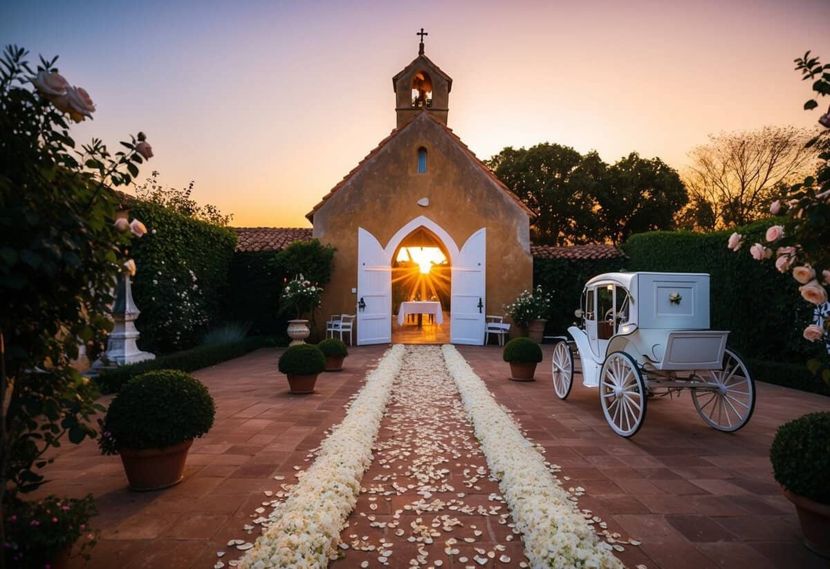 The sun sets behind a rustic chapel, casting a warm glow on the flower-filled courtyard. A path of rose petals leads to the open doors, where a white carriage awaits