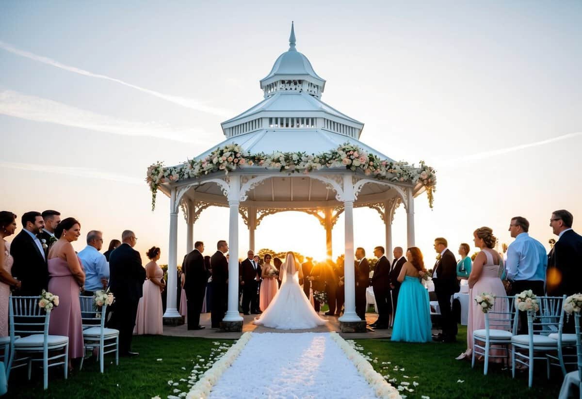 The sun sets behind a grand white gazebo adorned with flowers, as guests gather in anticipation. A path of rose petals leads to the entrance where the bride is expected to arrive