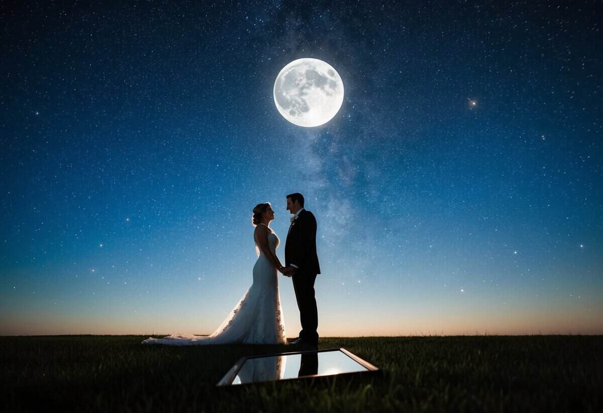 A couple stands under a starry sky, their silhouettes framed by a full moon. A broken mirror lies at their feet, reflecting the superstition of bad luck before their wedding