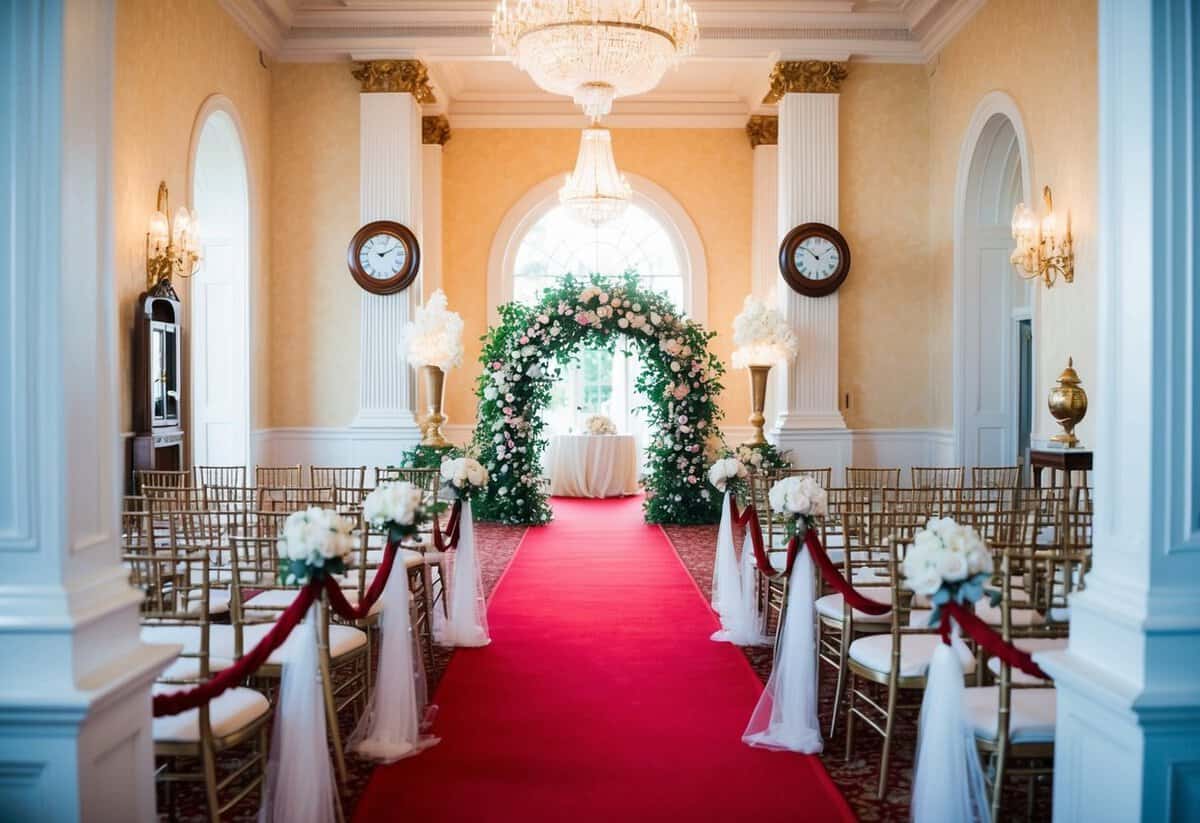 A grand venue with elegant decor, a red carpet leading to a floral archway, and a clock showing the time of the bride's arrival