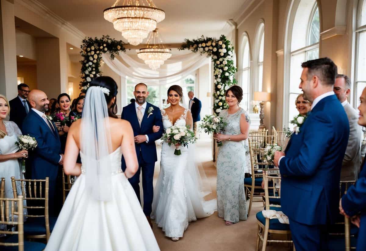 The bride arrives at her wedding venue, greeted by wedding professionals and a beautifully decorated space