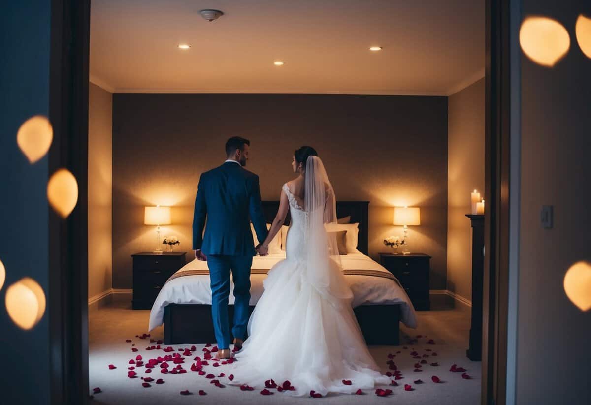 A newlywed couple enters a dimly lit bedroom with rose petals scattered on the bed and candles flickering, creating a romantic and intimate atmosphere