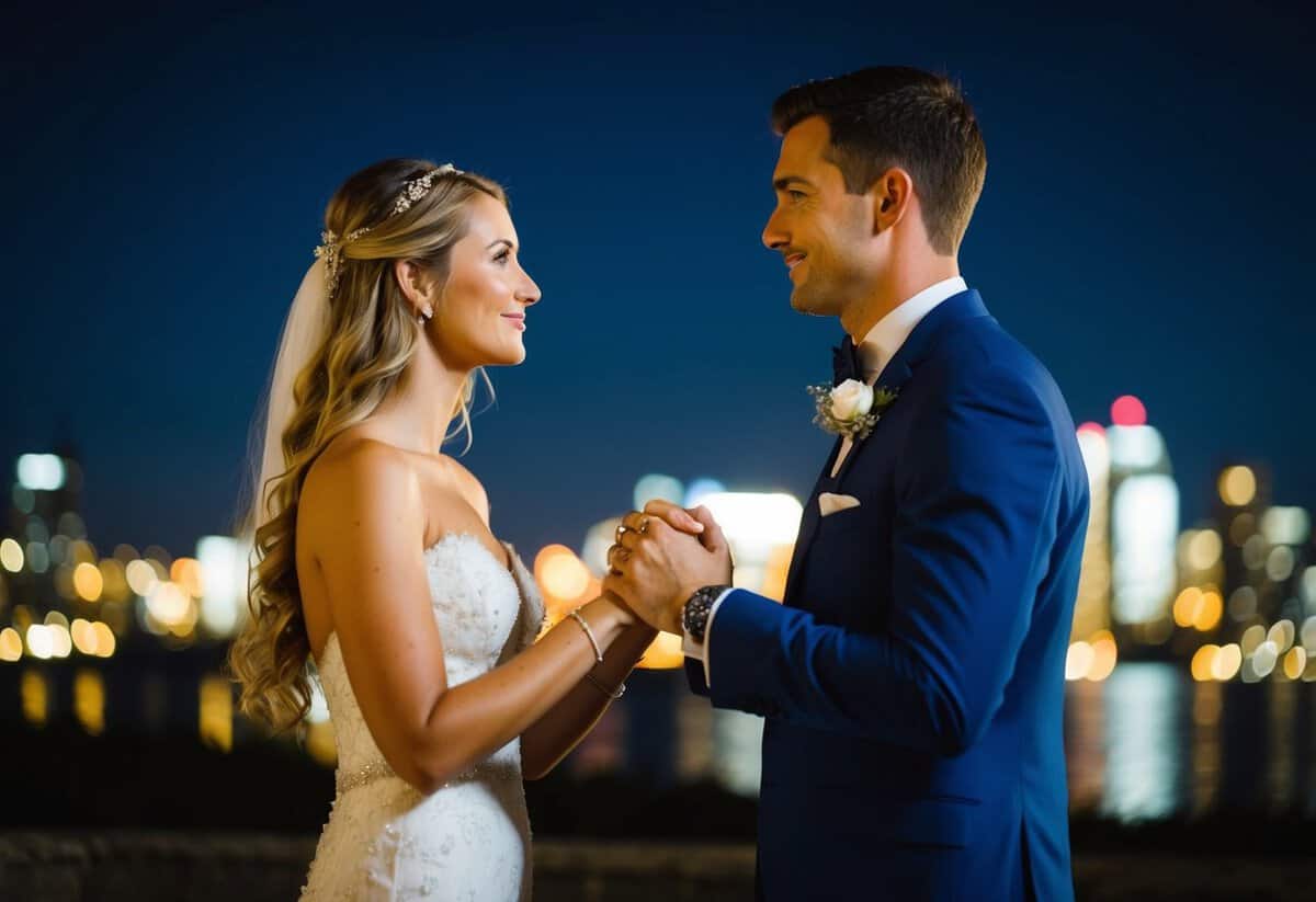 A couple standing face to face, holding hands, gazing into each other's eyes with a sense of understanding and respect on their wedding night