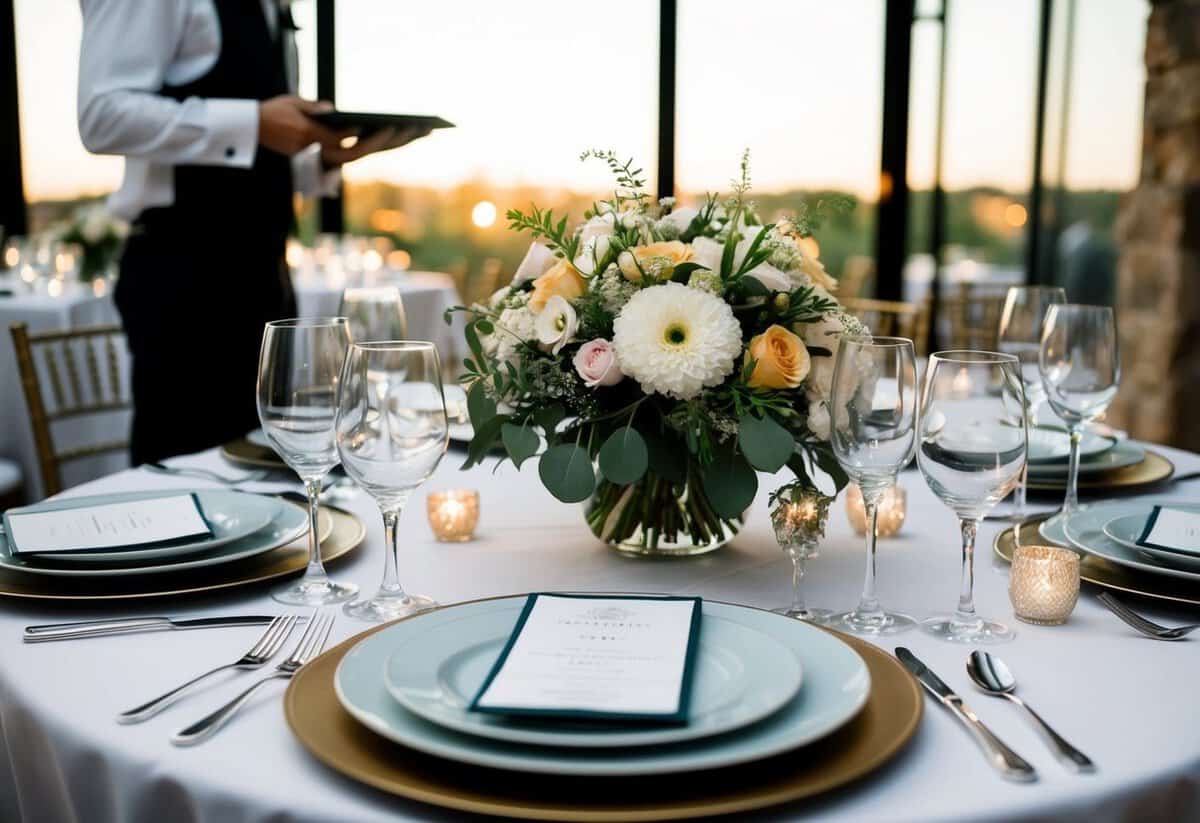 A table set for a pre-wedding dinner, with elegant place settings and a bouquet of flowers as a centerpiece. A waiter stands nearby, ready to serve