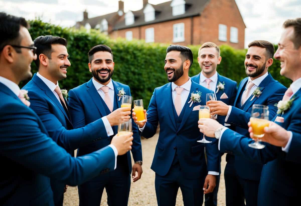 A group of men in formal attire gather for a pre-wedding celebration, laughing and toasting with drinks in hand