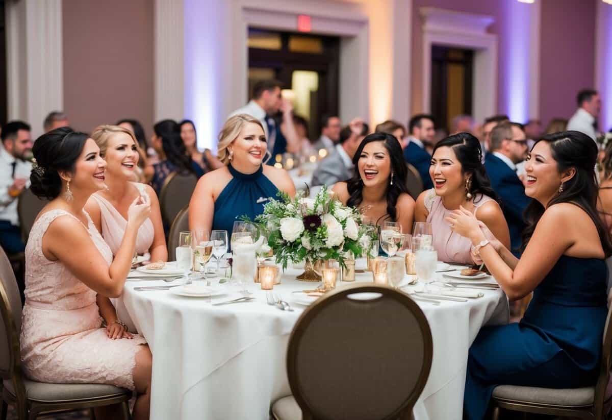 Bridesmaids and their dates sit together at a round table, chatting and laughing as they enjoy the wedding reception