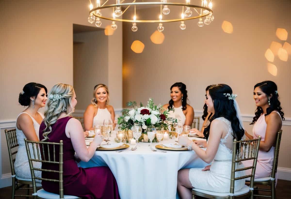 Bridesmaids and dates seated together at bridal party table