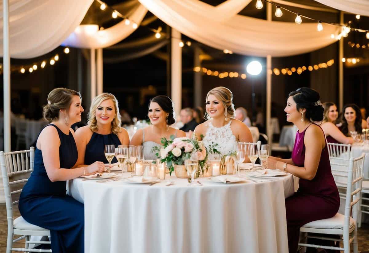 Bridesmaids and dates seated together at reception tables