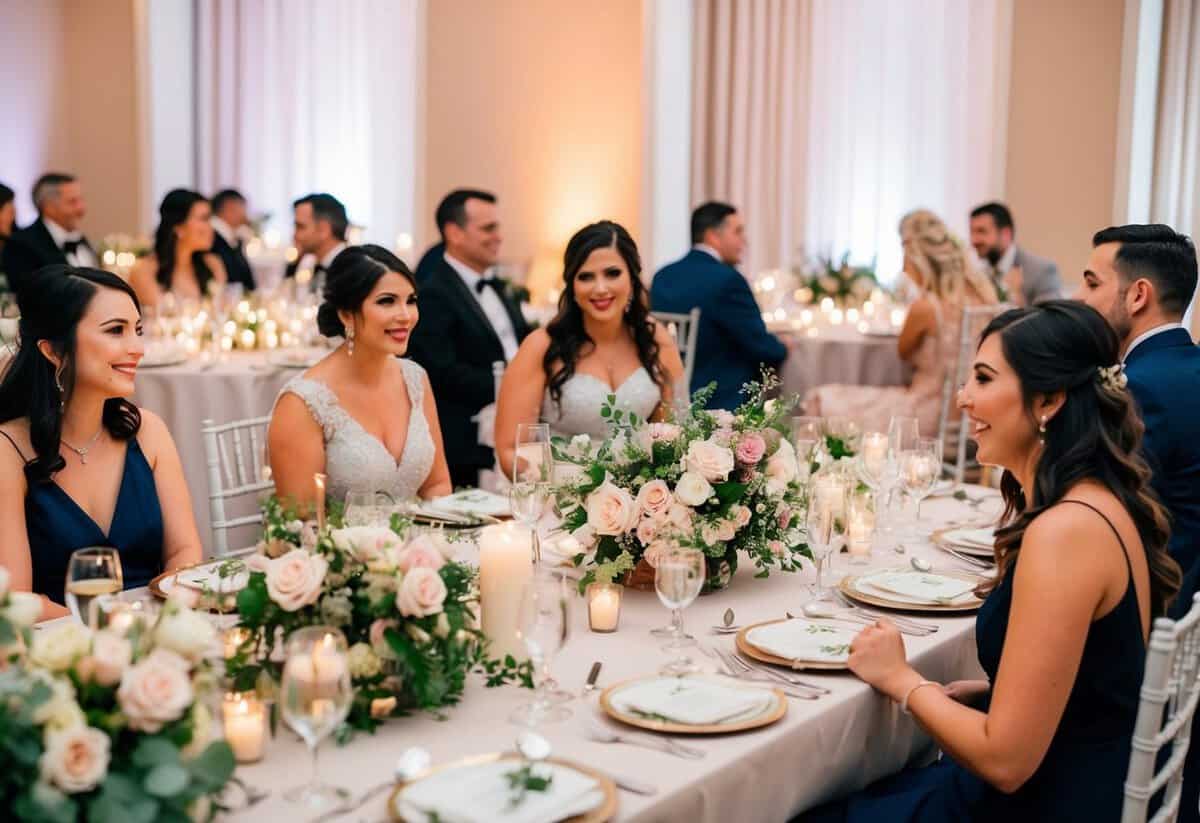 Elegant tables adorned with floral centerpieces, soft candlelight, and delicate place settings. Bridesmaids sit with their dates at the reception