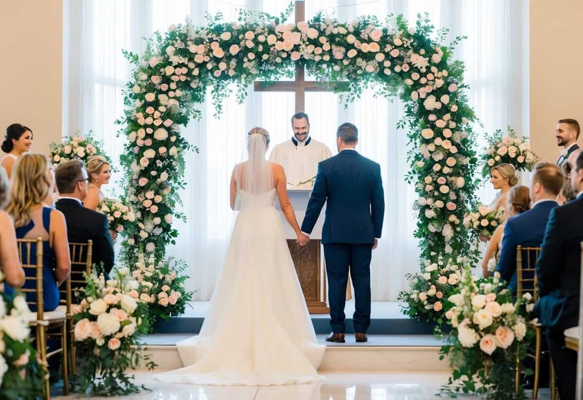 A bride and groom stand at the altar, surrounded by floral arrangements in a 60-20-20 ratio, with the largest flowers in the center and smaller ones on either side