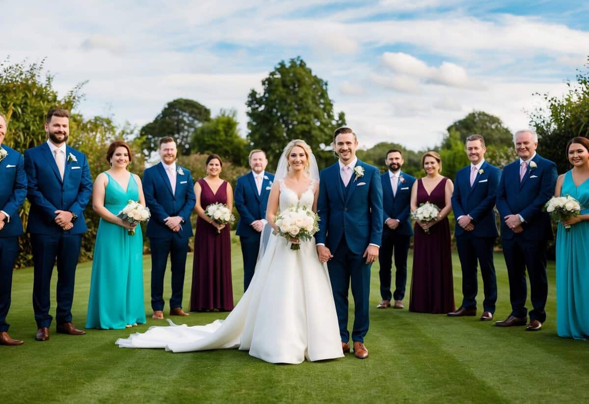 A bride and groom stand at the center, surrounded by their wedding party on one side and guests on the other, following the 60 20 20 rule