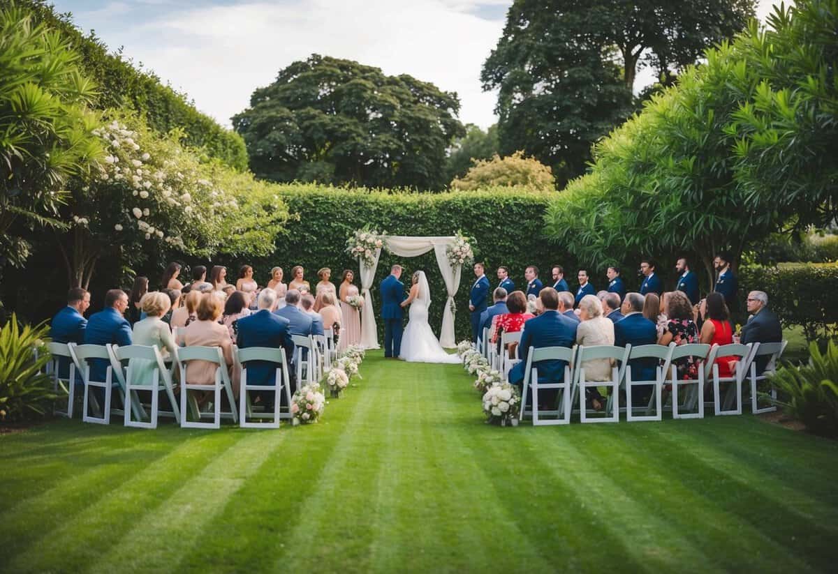 A small, intimate wedding with 100 guests in a lush garden setting